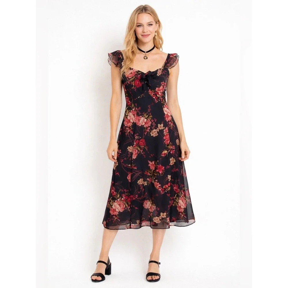 Vintage Madison Leigh Y2K Romantic Black Floral Ruffle Sleeve Midi Dress Size 10 - Picture 3 of 9